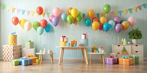A Festive Celebration Featuring Colorful Balloons and Gift Boxes Arranged in a Delightful Room Setting