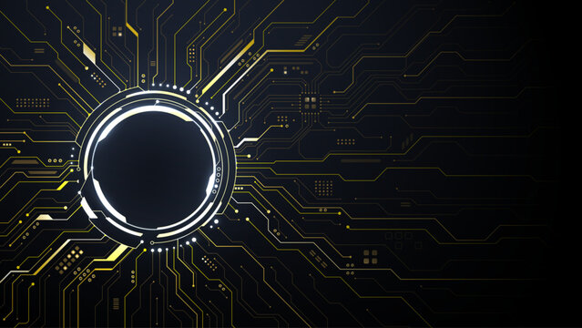 Futuristic HUD portal with golden electric pathways spreading across dark canvas. Advanced semiconductor architecture and processor design for cutting-edge technology illustrations.