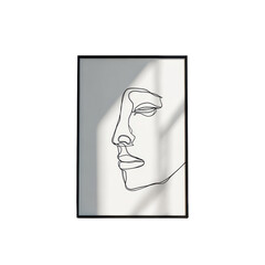 Minimalist continuous line art drawing depicting a serene female profile silhouette in a modern frame on transparent background