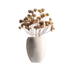 Delicate dried floral arrangement featuring light beige blossoms elegantly displayed within a sleek modern white ceramic vase on transparent background
