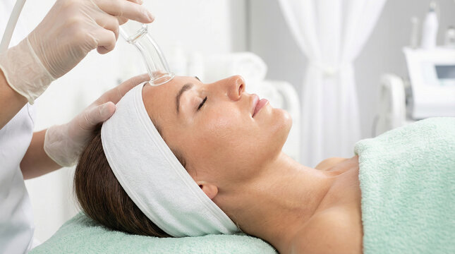 Professional Vacuum Facial Treatment on Relaxed Woman in Aesthetic Clinic with Cosmetologist Using Glass Suction Cup for Skin Rejuvenation
