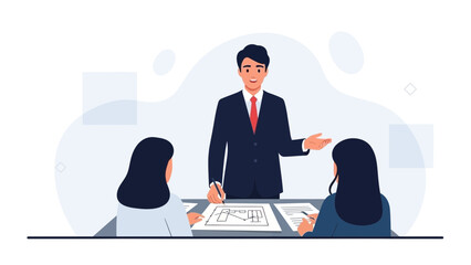 Business meeting with manager and employees discussing a project plan