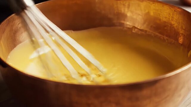 A whisk stirring a pale yellow sauce in a copper bowl, close up, shot in daylight