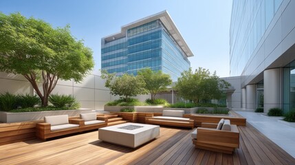 Fototapeta premium Modern outdoor lounge area with sleek seating and fire pit surrounded by lush greenery and contemporary architecture in bright daylight