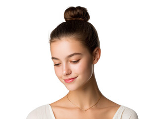 Fototapeta premium Young woman with hair in a neat high bun, minimal jewelry and a calm soft smile, simple neckline with visible shoulders, even features and smooth skin texture isolated on transparent background.