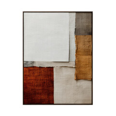 Abstract textured textile collage featuring layered shapes in earthy tones and bright white on transparent background