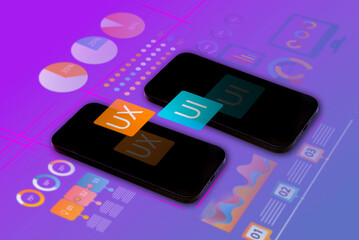 UX UI mobile app interface design with analytics dashboard on smartphone screens