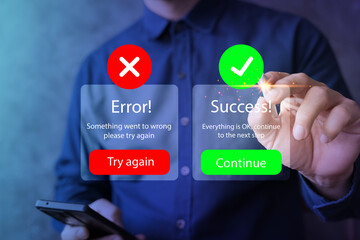 Error and Success notification UI with Retry and Continue buttons on touchscreen