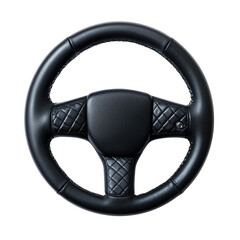 A black leather steering wheel on a white background.