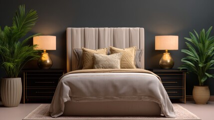 Fototapeta premium Modern elegant bedroom design with plush bed, soft pillows, stylish lamps, indoor plants, and soothing color palette for relaxation and comfort