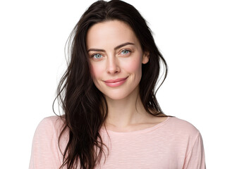 Fototapeta premium Woman in a soft pink top facing slightly sideways with gentle smile, relaxed shoulders and long dark hair with subtle shine, calm approachable portrait, isolated on transparent background.