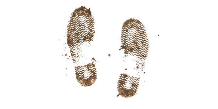 A pair of dirty brown footprints made by shoes, isolated against a clean white background