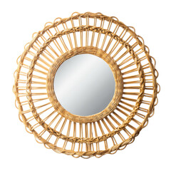 Beautifully woven round sunburst style rattan mirror featuring intricate natural wicker detailing on transparent background