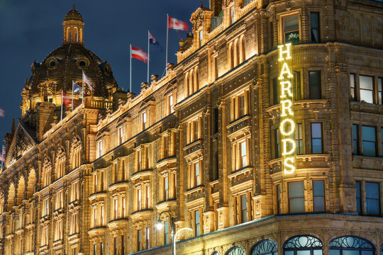 Harrods department store at Christmas season on Knightsbridge in London. Harrods is the biggest department store in Europe