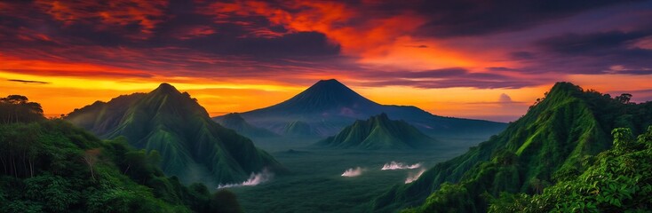 Dramatic sunrise over misty green volcanic mountains with vibrant orange and purple sky at dawn