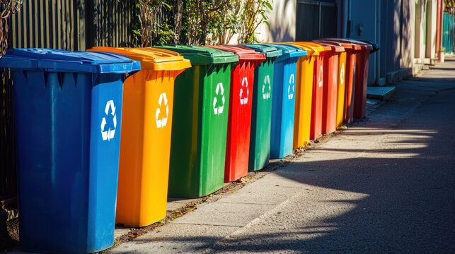 A row of colorful dustbins lines a residential alleyway with recycling symbols clearly marked and early morning sunlight casting long shadows
