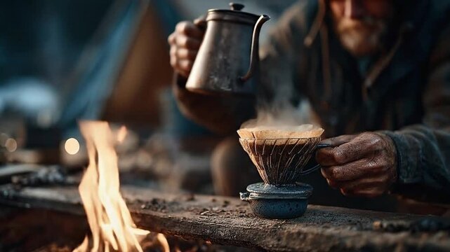  A person pours hot water into a dripper for a cup of coffee near a campfire. Capturing the peace and warmth of outdoor living.