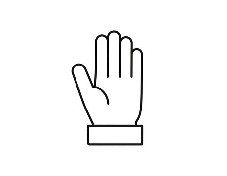 Raised hand with fingers extended, outline. Palm is facing forward, minimal design