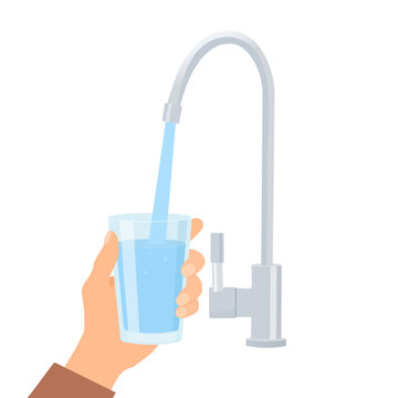 Water flowing from tap to glass. Faucet water filter. Hand filling a glass from a tap