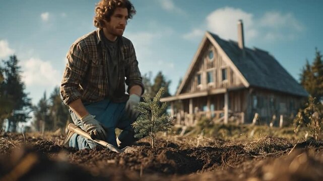  A thoughtful individual plants a sapling in fertile earth, a log cabin nestled serenely in the background, symbolizing growth and renewal.