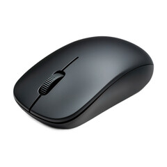 A black wireless computer mouse on a white background.