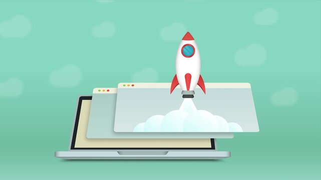 Startup Rocket Launch from Laptop Screen with Open Browser Tabs Animation