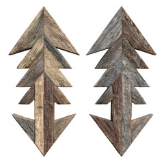 Rustic wooden chevron directional arrow art signs featuring upward and downward pointing indicators on transparent background
