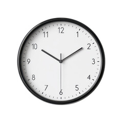 Round wall clock with white face and black numerals, slim black hands, clean bezel edge and subtle glass reflection for a tidy home timepiece, isolated on transparent background.