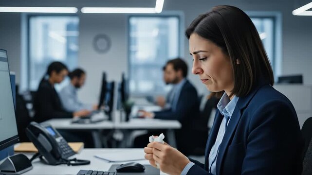 Office stress: woman coping with challenges in modern workplace environment