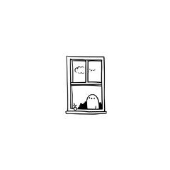 Naklejka premium Sad Ghost Looking Out Window at Cloudy Sky