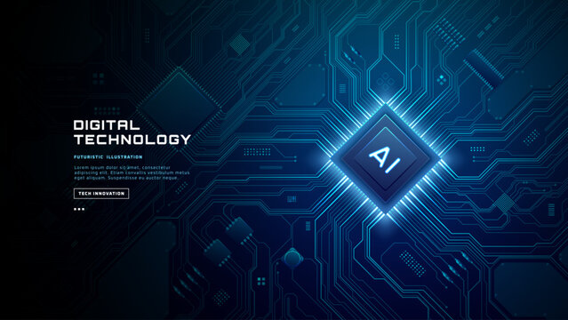 AI semiconductor chip icon centered on circuit board with microchip elements and wires. Digital technology background with data processing components and text space. Digital blue technology background