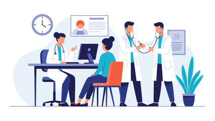 Fototapeta premium Team of medical professionals in a hospital consulting with a patient and performing a diagnostic heart check using stethoscopes.