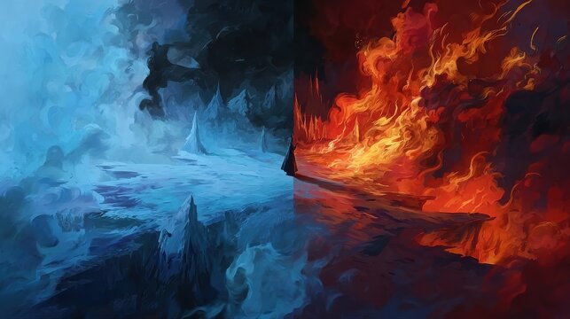 Fire and ice abstract design showcasing violent beauty, perfect for artistic projects, promotional materials, digital media, and decorative backdrops. The dynamic clash creates a striking visual impac