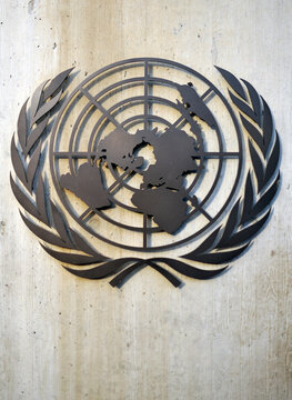 Geneva, Switzerland, Europe : Logo of United Nations Organization at entrance to Palace of Nations, Place des Nations, International quarter of the city