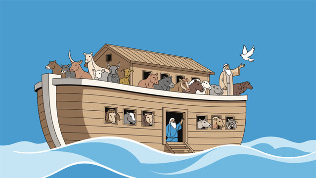 Biblical scene of Noah's Ark floating on blue ocean waves with various pairs of animals and Noah releasing a white dove into the clear sky.