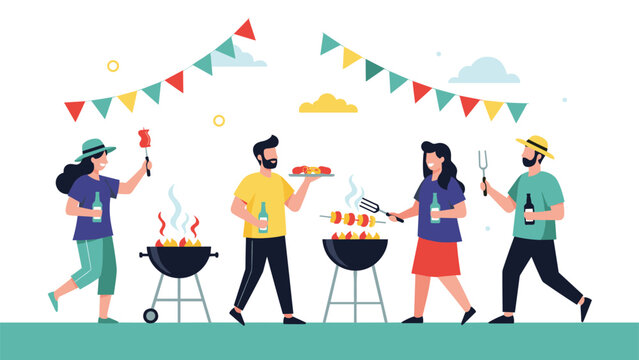 Friends enjoying a backyard barbecue party with grills and food under festive bunting flags in a sunny outdoor setting with refreshments.