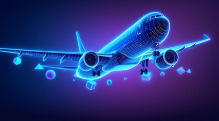 Futuristic glowing wireframe airplane model with neon blue lights isolated on transparent background