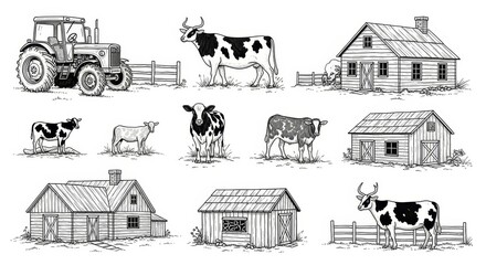 Hand drawn vector sketch of an old farm house building featuring a rustic cottage architecture design with a detailed roof and window set for real estate construction and art icon symbols © Shaheen 
