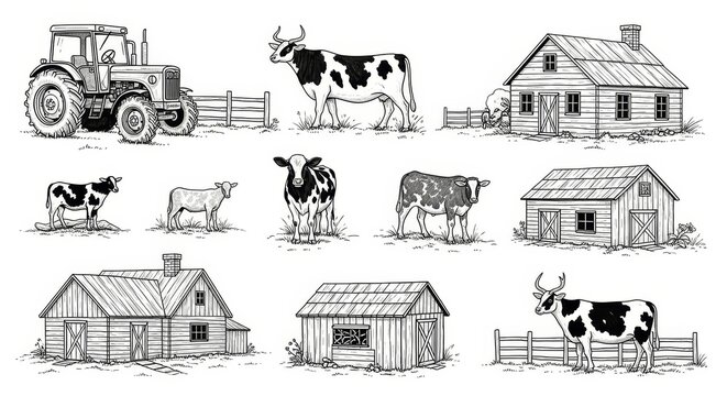 Hand drawn vector sketch of an old farm house building featuring a rustic cottage architecture design with a detailed roof and window set for real estate construction and art icon symbols
