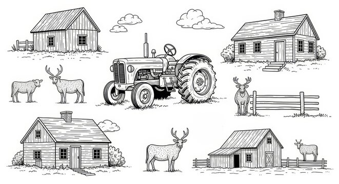 Hand drawn vector sketch of an old farm house building featuring a rustic cottage architecture design with a detailed roof and window set for real estate construction and art icon symbols