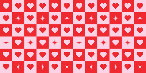 Valentine&rsquo;s Day Red Checkered Seamless Pattern with Hearts and Stars, Romantic Repeating Vector Background for Wrapping Paper and Textiles