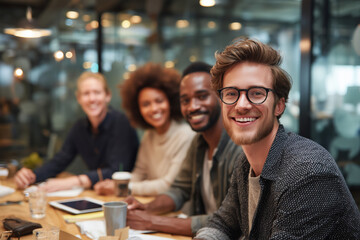 Obraz premium smiling young businessman with diverse team in a modern office meeting