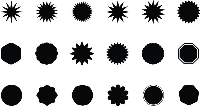 Diverse collection of 18 black vector starbursts, scalloped badges, and geometric seal shapes isolated on a white background, perfect for sales stickers and promotional graphics.