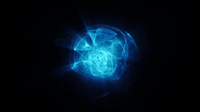 Neon  Blue Energy Sphere Animation with QuickTime Alpha Channel, Microparticle Waves, Stars, Rays, Cosmic Matter, Rotating Dots, Life Creation, Universe Background for Logo, Tech, Medicine, 4K
