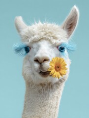 Obraz premium alpacas with light blue eyelashes and a flower in their mouth.