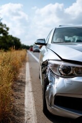 Silver car with front damage on rural roadside in daylight scene