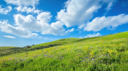 Obraz premium A lush green hill dotted with wildflowers under a bright blue sky with fluffy white clouds drifting by