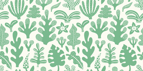 Seamless jungle tropical abstract pattern with palm leaf, leaves, flowers, plants, greenery. Summer texture. Vector illustration. White background, green objects. Monochrome surface pattern design. © Anna