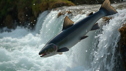 Obraz premium Salmon leaping up waterfall. Incredible salmon determination. Nature's astonishing fish behavior. Salmon migration challenges and triumphs.