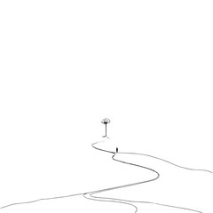Obraz premium A minimalist drawing of a person walking on a winding path towards a flower like structure on a hill top